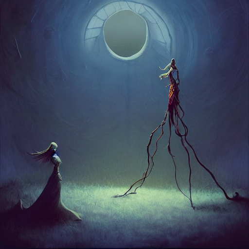 The picture takes place in a grassy field during what seems to be night, with a moon in the top-center of the image, although the moon is far closer to the ground and far smaller than it should be. On the right is a tentacled, vaguely-feminine figure lifted off the ground by several thin tendrils, looking like she is made of red meaty flesh. Opposite of her, on the left, is what appears to be another woman in some sort of dress or gown. The tentacled figure is looming over the other woman, and is occupying most of the light of the moon.