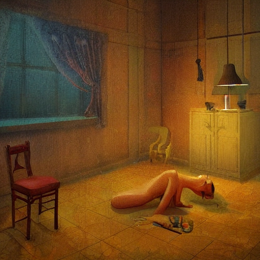 A malformed, surreal humanoid figure lays pitifully on the ground in the center of what appears to be a kitchen. There is an open window and it seems to be raining outside. There is a chair with a red cushion to the left of the figure and a cabinet to their upper-right. Something that looks like a bouquet is on the floor near the figure.