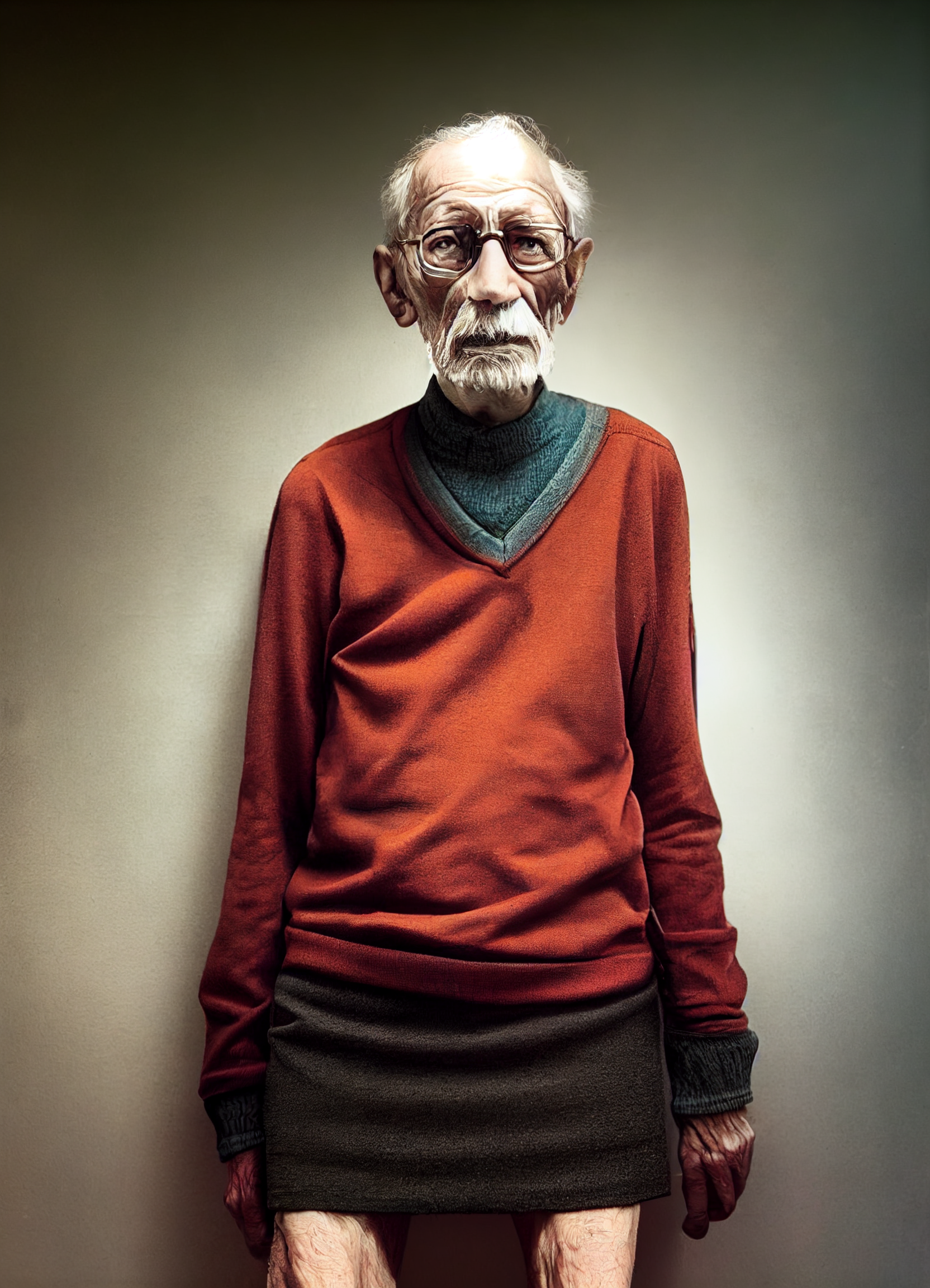 An old man with short hair and glasses wearing a red pullover and a short black skirt.